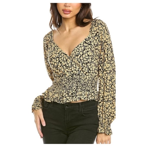 Lost + Wander Pick Me Golden Hour Smock Waist Top Crop Tan Black Floral - Picture 1 of 11